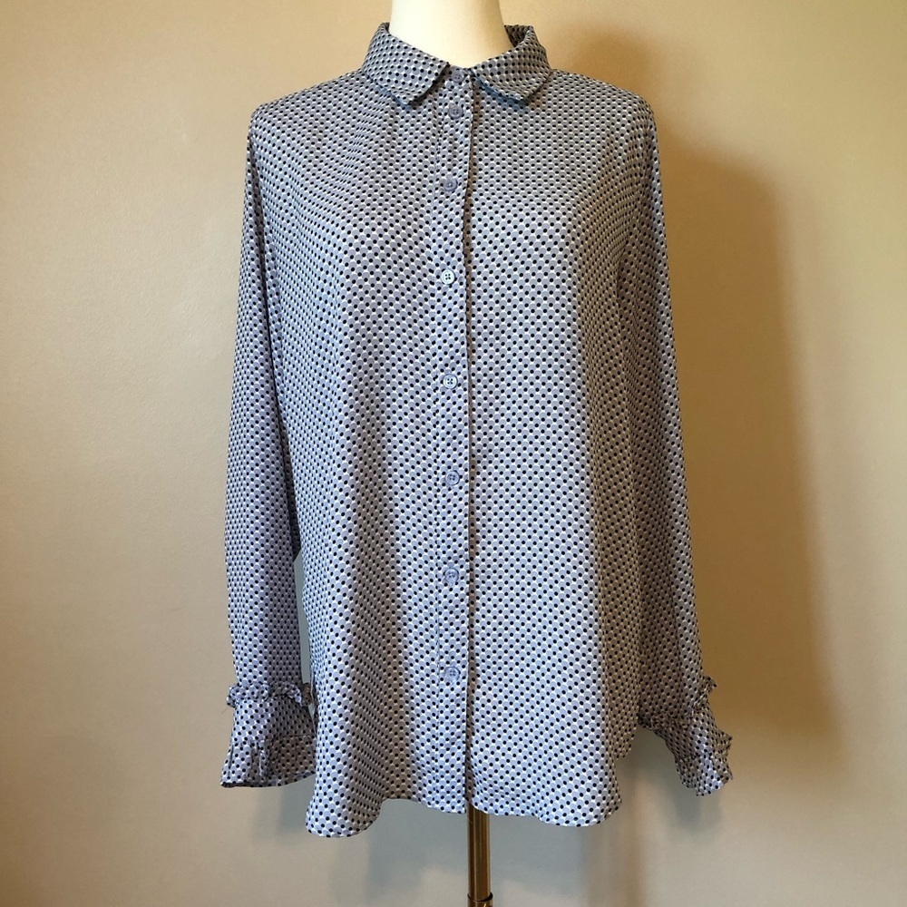 WHO What Wear Blue/Black/White Button-Up Blouse with Ruffle Sleeves Size M
